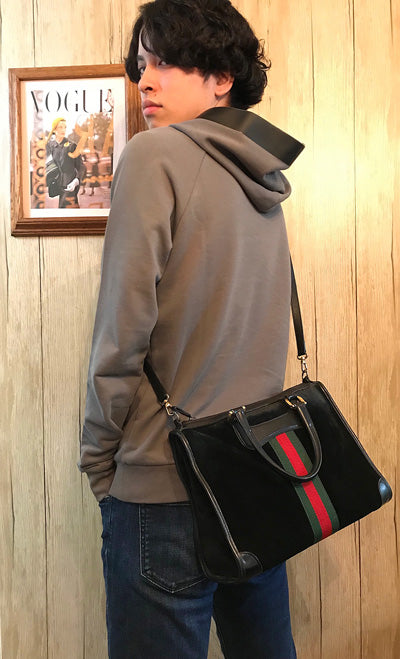 OLD Gucci 2WAY角型スエードボストン（黒・縦シェリー）