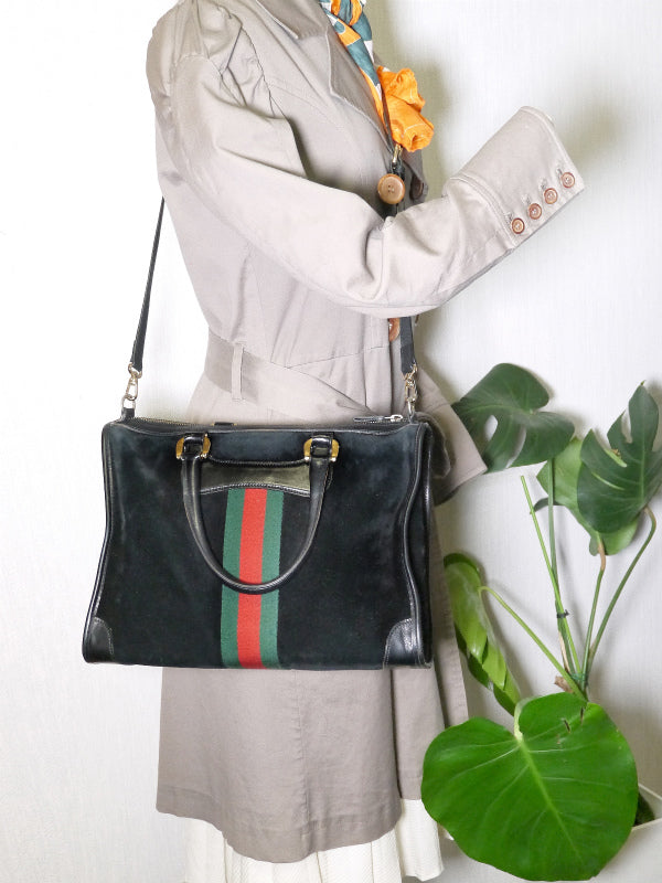 OLD Gucci 2WAY角型スエードボストン（黒・縦シェリー）