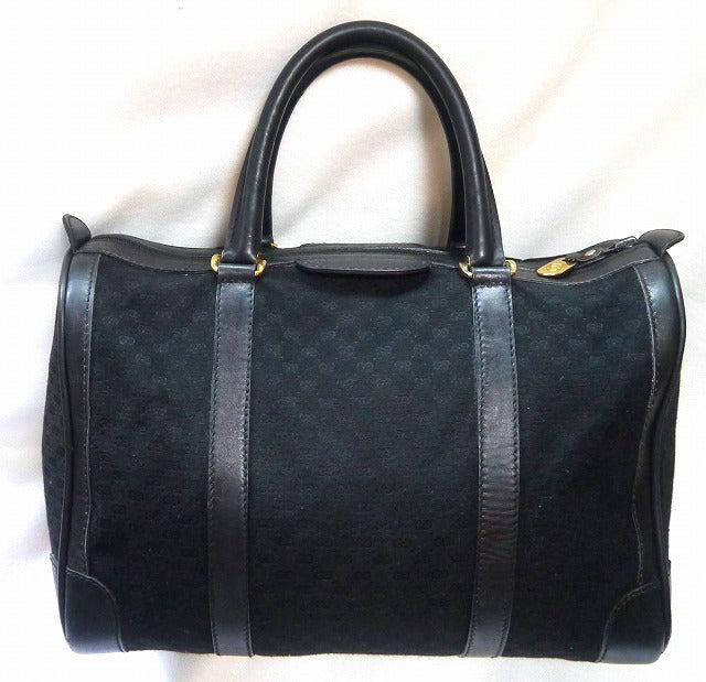 OLD Gucci 革4本ライン　ジャガード織ボストン（黒　中）