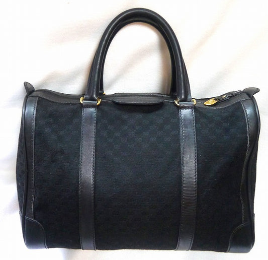 OLD Gucci 革4本ライン　ジャガード織ボストン（黒　中）