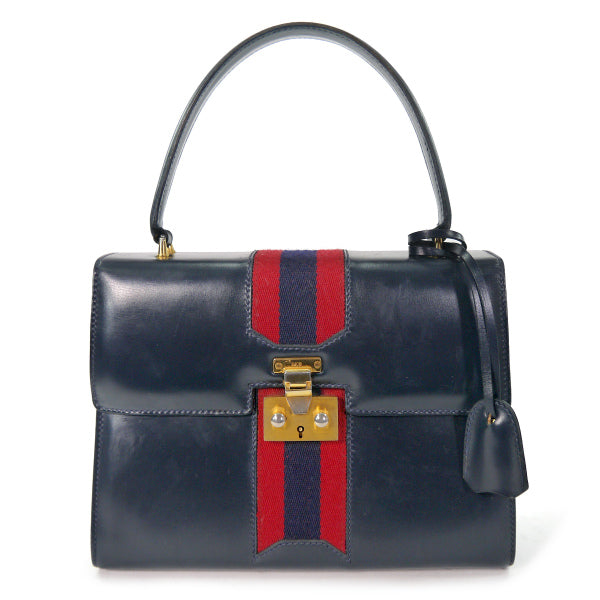 OLD Gucci　レア！総革シェリー鍵付きハンドバッグ（紺）