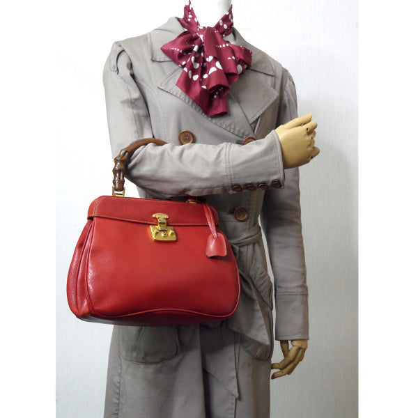 OLD Gucci 「レディロック」ウッドトップハンドバッグ（赤/猪革）