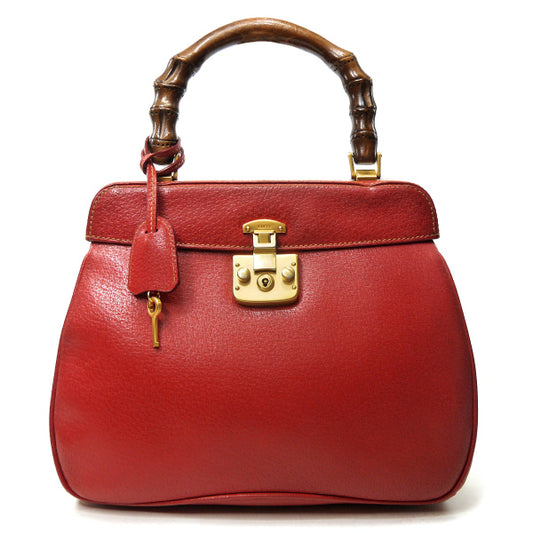 OLD Gucci 「レディロック」ウッドトップハンドバッグ（赤/猪革）