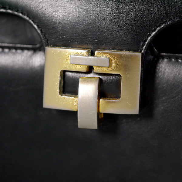 OLD Gucci 70s総革シェリー×G金具ハンドバッグ（黒）