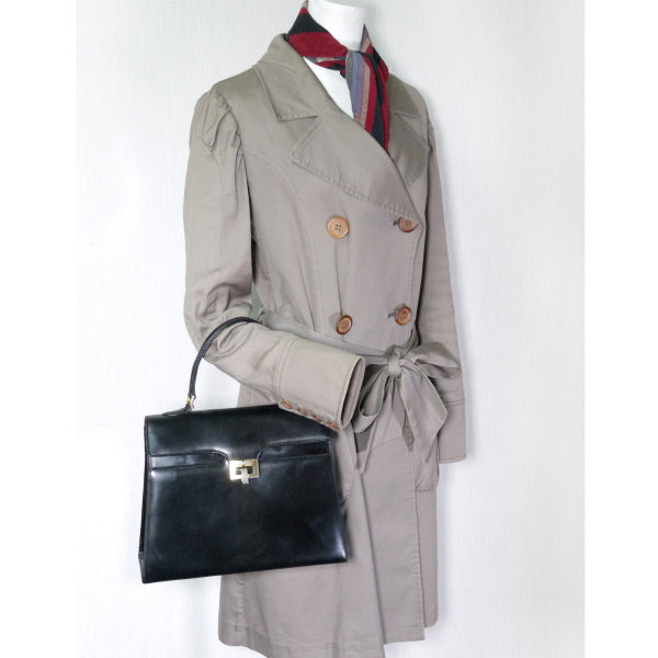 OLD Gucci 70s総革シェリー×G金具ハンドバッグ（黒）