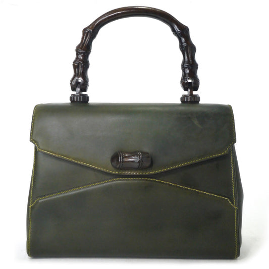 OLD Gucci バンブー総皮ハンドバッグ(モスグリーン）