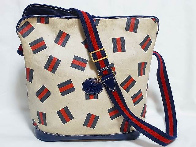 OLD Gucci　シェリー柄キャンパス大ショルダー（紺）