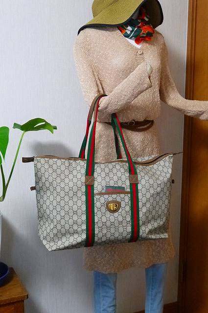 OLD Gucci Plus　折り畳み大型トートボストン（茶）
