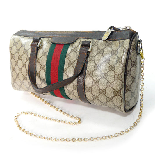 OLD Gucci ドラム型チェーンショルダー付ミニボストン（茶）