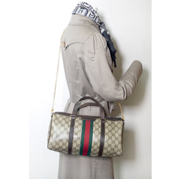 OLD Gucci ドラム型チェーンショルダー付ミニボストン（茶）