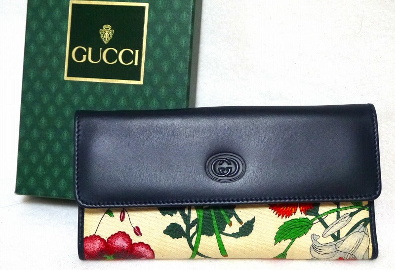 OLD Gucci　フラワー柄長財布（紺）