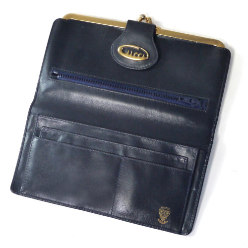 OLD Gucci総皮 筆記体　ロゴ長財布（紺・がま口）
