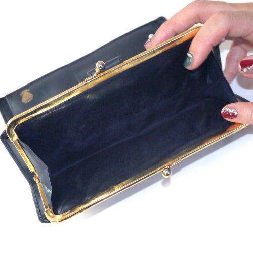 OLD Gucci総皮 筆記体　ロゴ長財布（紺・がま口）