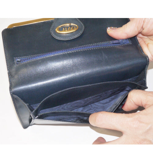 OLD Gucci総皮 筆記体　ロゴ長財布（紺・がま口）