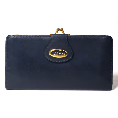 OLD Gucci総皮 筆記体　ロゴ長財布（紺・がま口）