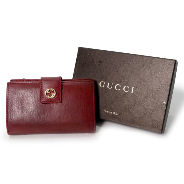 Gucci 　総革インターロッキングG２つ折れ財布（赤/箱付き）