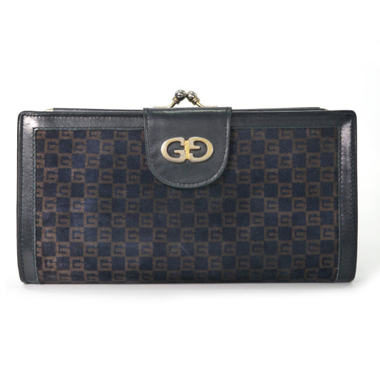 OLD Gucci スクエアGGスエードがま口長財布（濃紺）