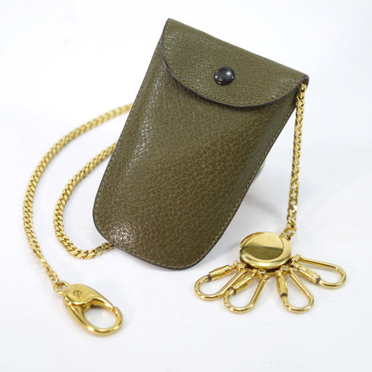 OLD Gucci　メンズ　チェーン付きレザー4連キーケース（カーキ）