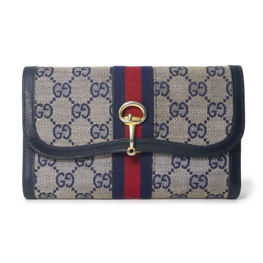 OLD Gucci　ビット留め具シェリー長財布（青/ジャガード）