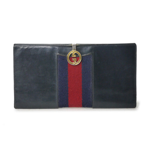 OLD Gucci 総革シェリーGG留め具デュアルトーン長財布（濃紺×赤）