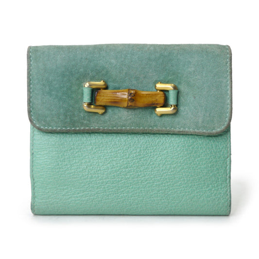 OLD Gucci　レア!!異素材MIXバンブー折財布（水色）