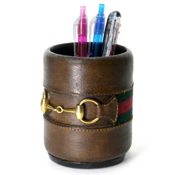 OLD GUCCI レザー製シェリー×ビット ペン立て（濃茶）