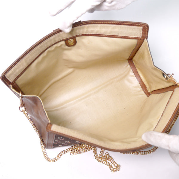 OLD Gucci ピンク×白ビット柄チェーン付きクラッチバッグ（茶）