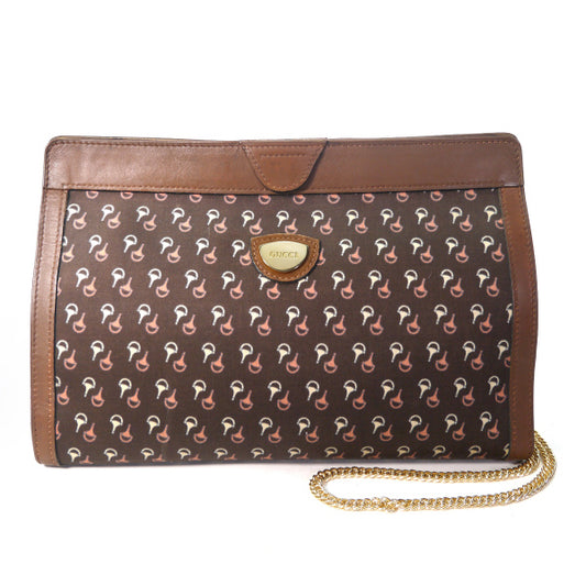 OLD Gucci ピンク×白ビット柄チェーン付きクラッチバッグ（茶）