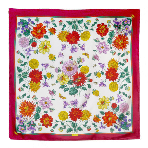 OLD Gucci ダリア柄 フローラ大判シルクスカーフ（ローズ系）
