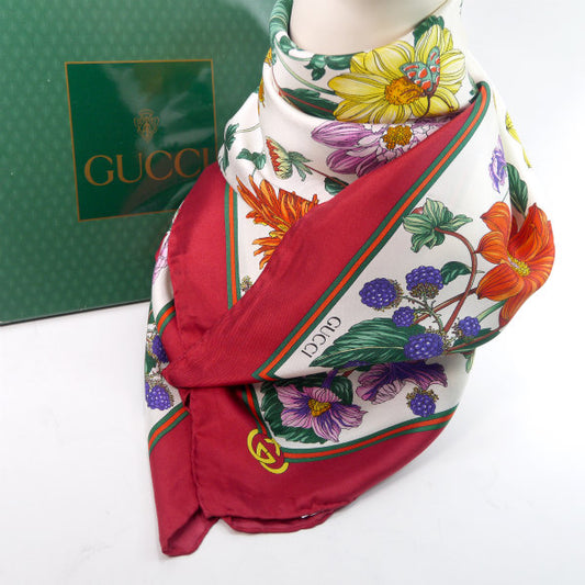 OLD Gucci ダリア柄 フローラ大判シルクスカーフ（ローズ系）