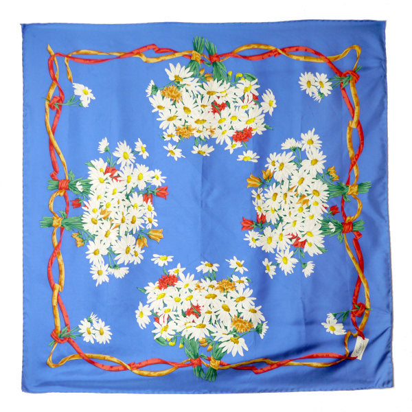 OLD Gucci マーガレット柄 フローラ大判シルクスカーフ（青系）