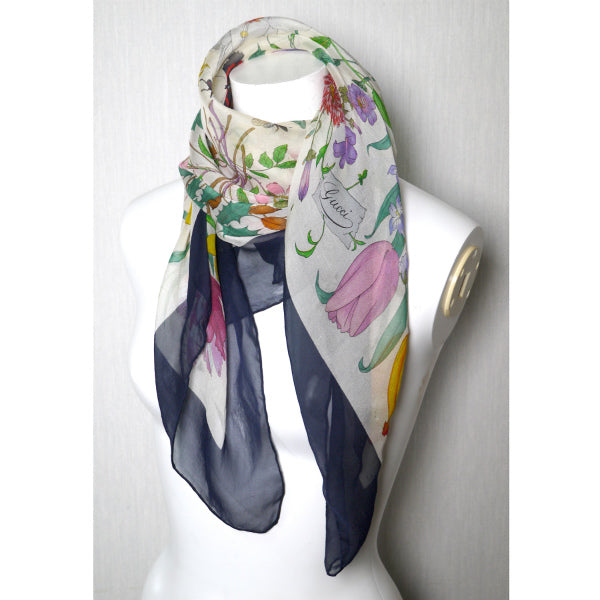 OLD Gucci フローラ 大判シルクスカーフ（紺系 ）