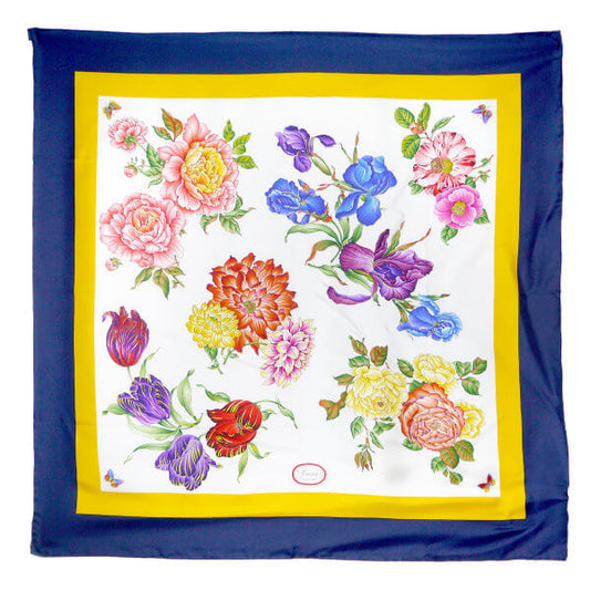 OLD Gucci フローラ 大判シルクスカーフ（紺・黄系）