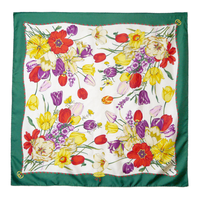 OLD Gucci フローラ 大判シルクスカーフ（深緑系）