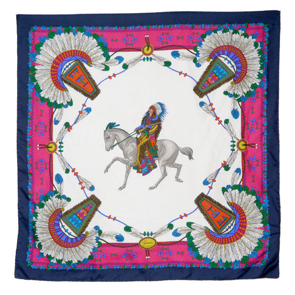 OLD Gucci インディアン柄 大判シルクスカーフ（紺/ピンク系）