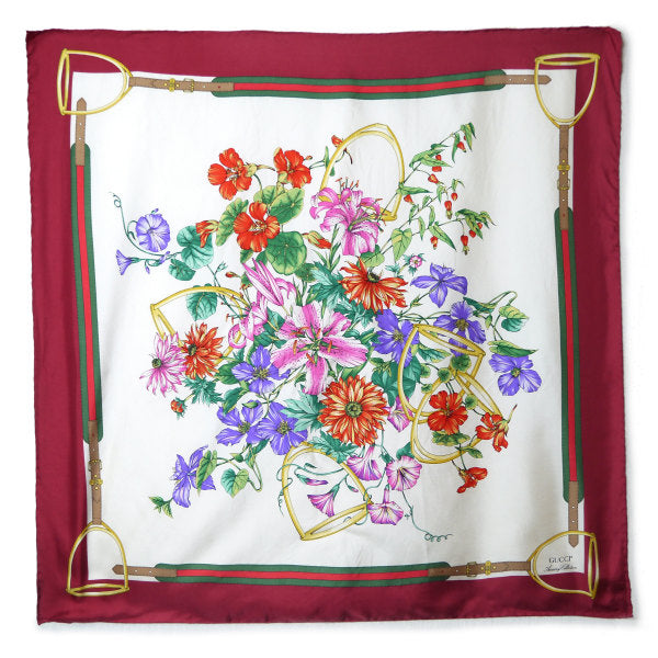 OLD Gucci アクセコ フローラ大判シルクスカーフ（深赤系）