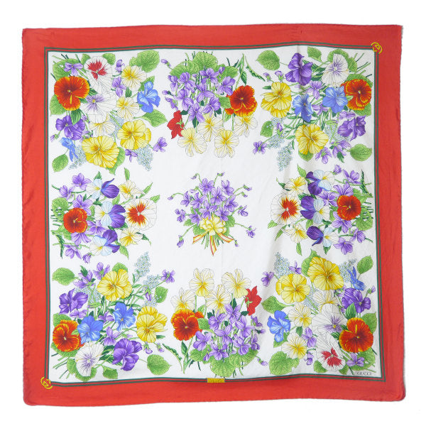 OLD Gucci シェリー×フローラ大判シルクスカーフ（赤系）