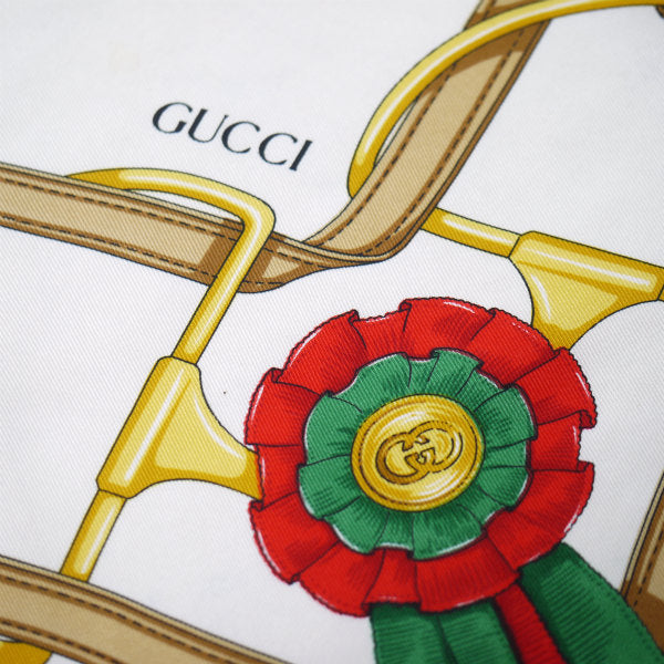 OLD Gucci サドル＆ロゼット柄 大判シルクスカーフ（赤系）