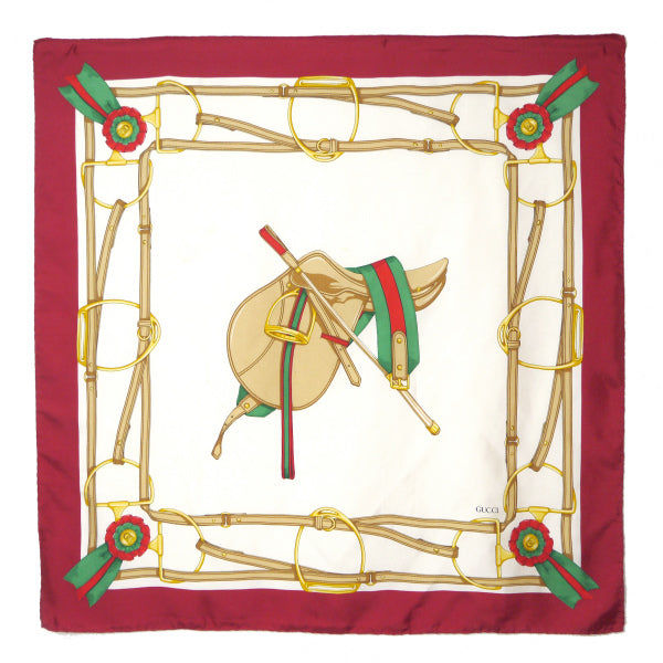 OLD Gucci サドル＆ロゼット柄 大判シルクスカーフ（赤系）