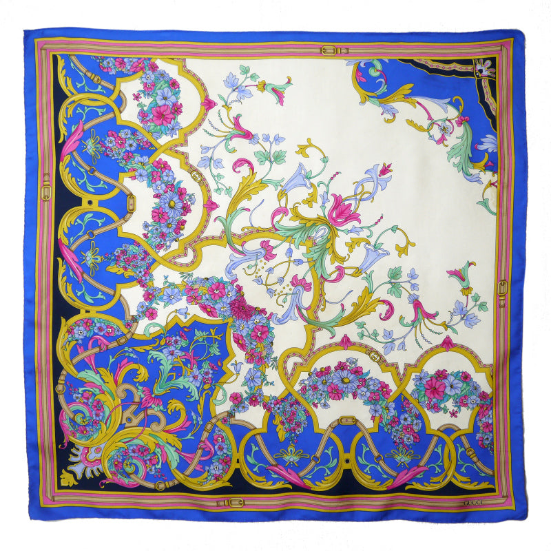 OLD Gucci　ダマスク柄シルク大判スカーフ（青系）