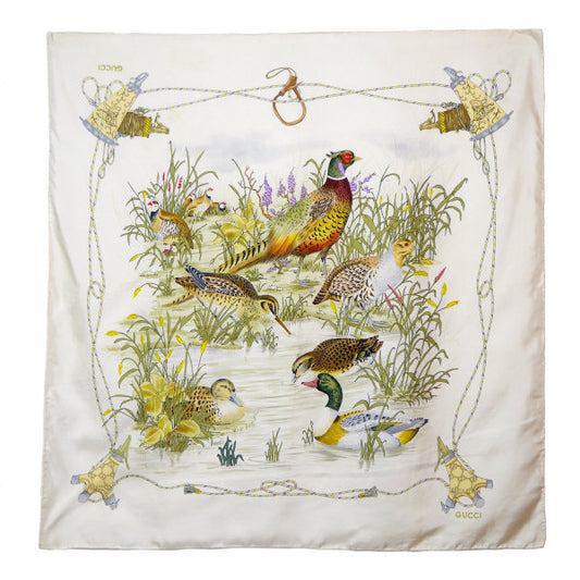 OLD Gucci　キジ・鴨柄 大判シルクスカーフ（白系）