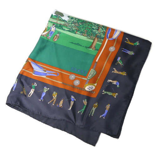 OLD Gucci  シルクスカーフ（紺ゴルフ柄 ）