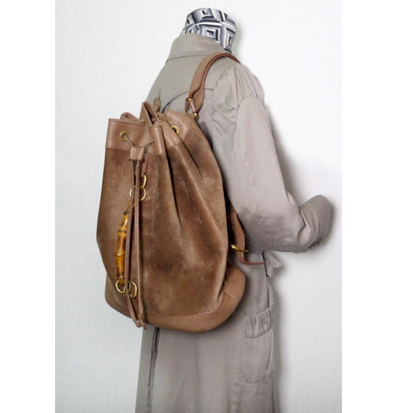 OLD Gucci ＜訳あり＞バンブー×スエード巾着リュック（茶）