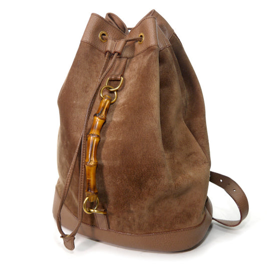 OLD Gucci ＜訳あり＞バンブー×スエード巾着リュック（茶）