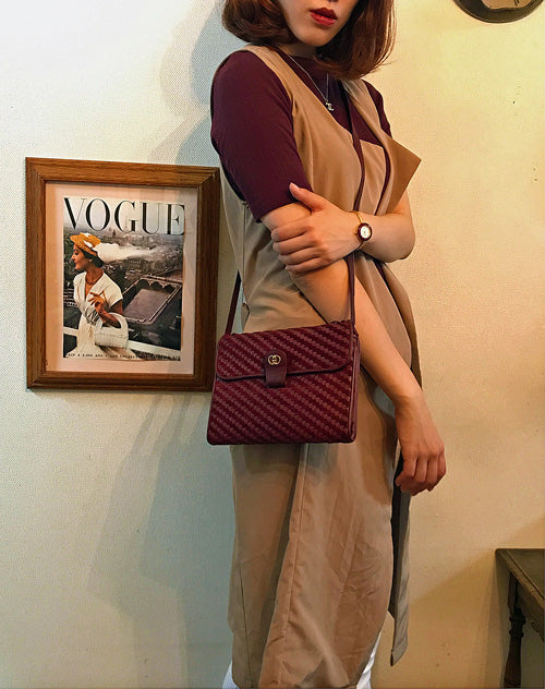 OLD Gucciスエード×革編み込みショルダー（ボルドー）