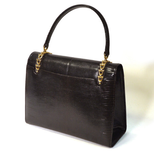 OLD Gucci リザードチェーン付きハンドバッグ（濃茶）