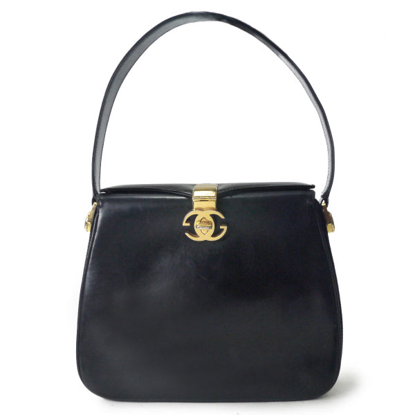 OLD Gucci　ロゴ金具ターンロックレザーハンドバッグ（黒）
