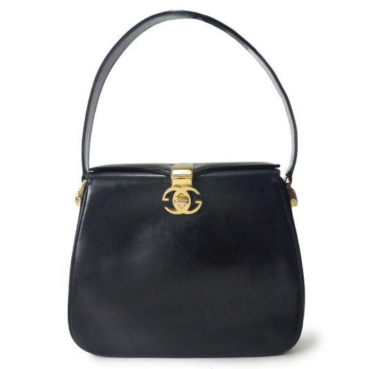 OLD Gucci　ロゴ金具ターンロックレザーハンドバッグ（黒）