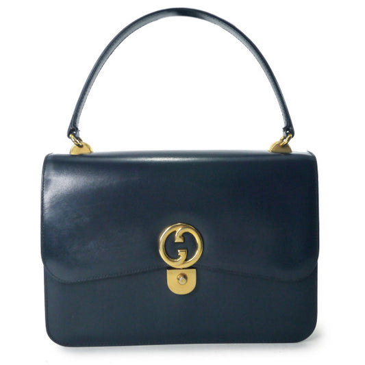 OLD Gucci　ロゴ金具カーフレザーハンドバッグ（濃紺）