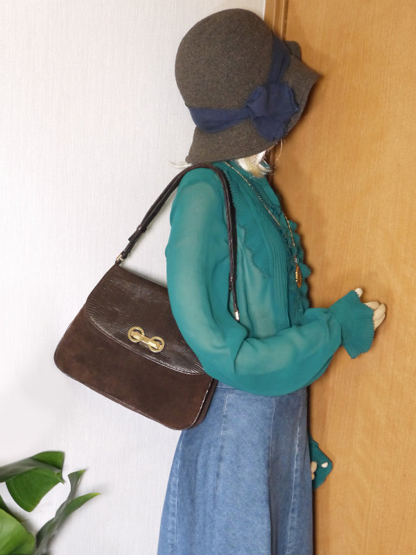 OLD Gucci　2WAYリザード×スエードG金具ショルダー（濃茶）